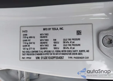 2023 Tesla Model 3 Rear-Wheel Drive from USA, damaged, VIN 5YJ3E1EA3PF554067